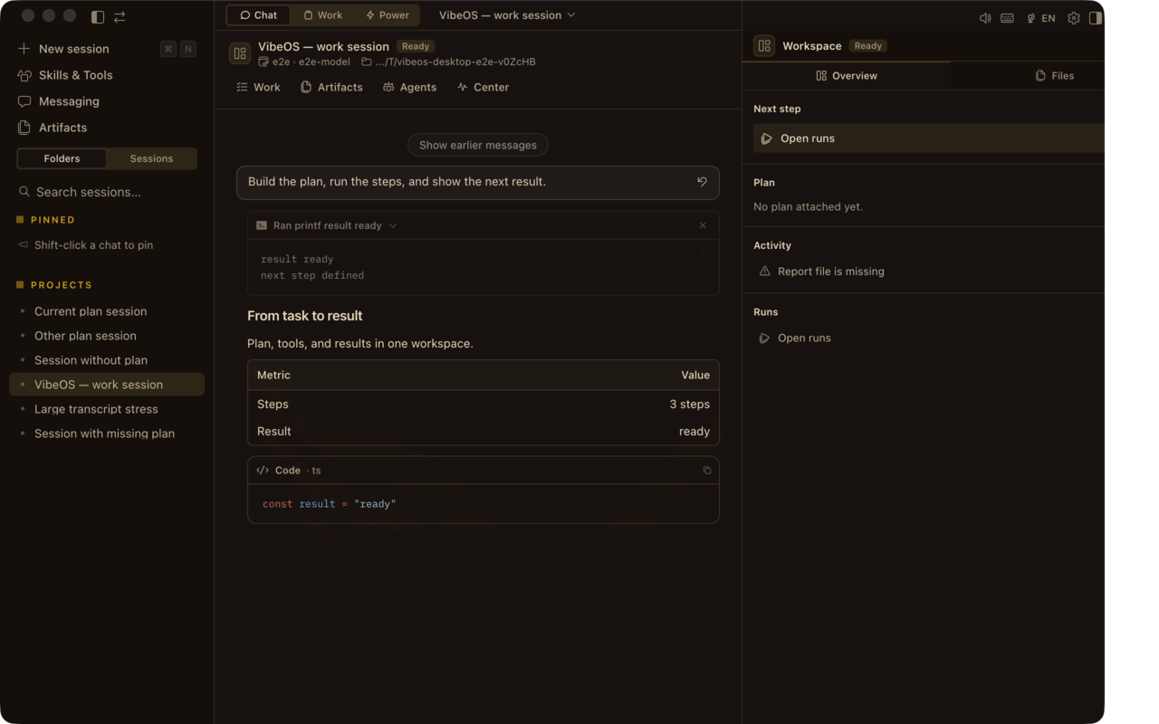 VibeOS Desktop chatear con Plan rail
